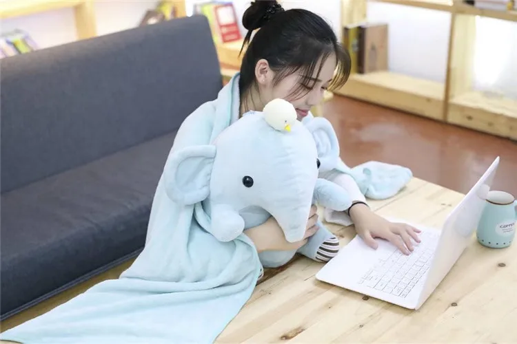 Cartoon Cute Elephant Hippo Pillow Blanket Dual Purpose Multi-functional Back Cushion Nap Blanket Folding Airable Blanket