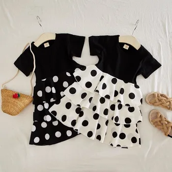 

Summer girls tee dress baby dress kids casual clothes Children vestidos solid tops dot layered bottoms 3 to 12 yrs