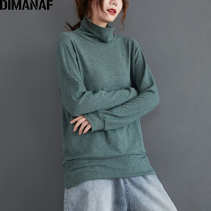 DIMANAF Plus Size Women T-Shirt Long Sleeve Basic Lady Tops Tunic Tee Turtleneck Cotton Knitted Loose tshirt Thin Women Clothing