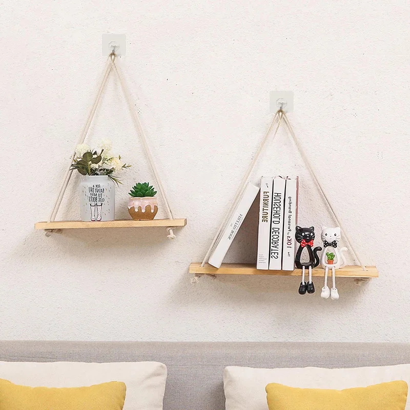 Decorative Shelves Premium Wood Swing Hanging Rope Wall Mounted Floating Shelves Plant Flower Pot Tray Nordic Home Decoration