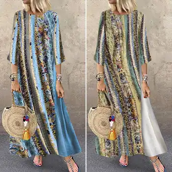 

women's Printed Dress 2020 ZANZEA Summer Maxi Sundress Fashion Casual Patchwork Striped Vestidos Female O Neck Robe Oversized