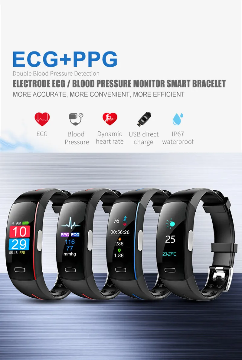 ECG PPG Смарт-часы браслет кровяное давление пульсометр фитнес-трекер монитор спортивный шагомер IP67 водонепроницаемый браслет