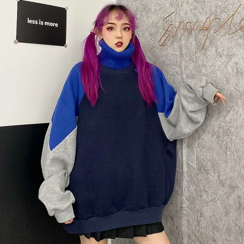 dark blue sweatshirt Woherb уличная одежда в стиле Харадзюку; вязаная водолазка с длинными рукавами; толстовки контрастного цвета в стиле пэчворк; модная Толстовка в Корейском стиле; Новинка 91298 года - Цвет: dark blue sweatshirt