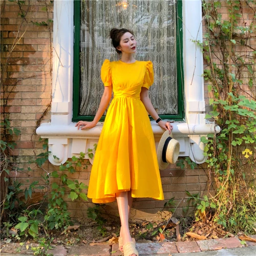 

4 Color New Summer Vintage Palace Style Party Dress Female Elegant Bubble Sleeve Women Dress Cross Tie Waist Bow Dresses