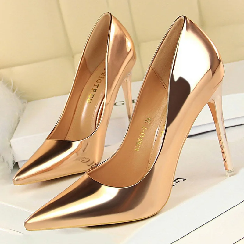 BIGTREE/обувь г. Новые женские туфли-лодочки пикантные женские туфли на высоком каблуке свадебные туфли на каблуке-шпильке, серебристые вечерние туфли женская обувь на каблуке - Цвет: 9511-7Champagne