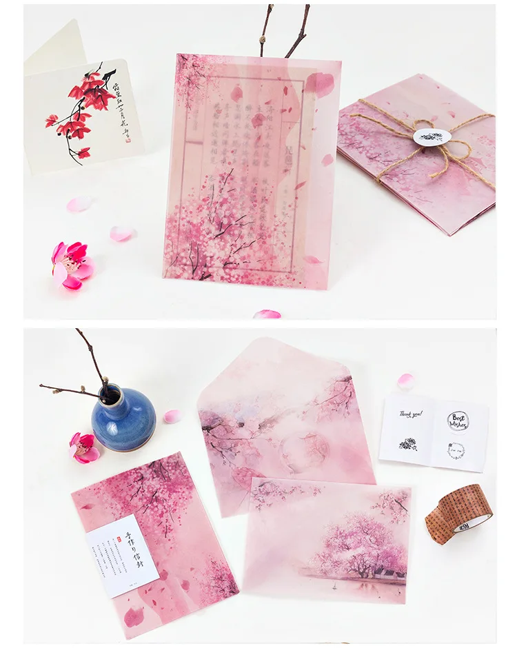 Coloffice 3PCs Envelops+ 4PCs Sealing stickers Sakura Handmade Sulfuric Acid Paper Envelope Thanksgiving Gifts Girl Stationery