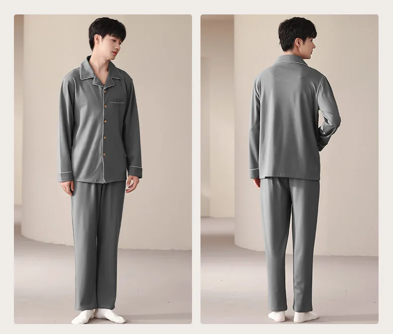 Men's Pajamas Thicken Cotton Sleepwear Sets Men Autumn Winter High-End Long-Sleeved Home Clothes Solid Color Simple Suit Outside red pajama pants