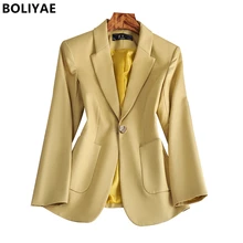 Boliyae novos blazers para as mulheres elegante casaco amarelo primavera outono ternos casuais jaquetas senhora do escritório negócios outwear topo