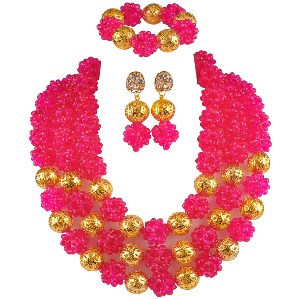 Fuchsia Pink Majalia Королевский синий Африканский комплект ювелирных изделий нигерийские Бусы Свадебные комплекты ювелирных изделий 3qq-37 - Окраска металла: Fuchsia Pink