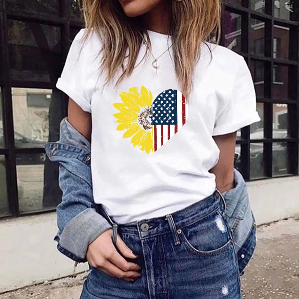 

Hillbilly American style summer new Women's t-shirt Flower with american flag Printed T Shirts Fashion tops O-neck