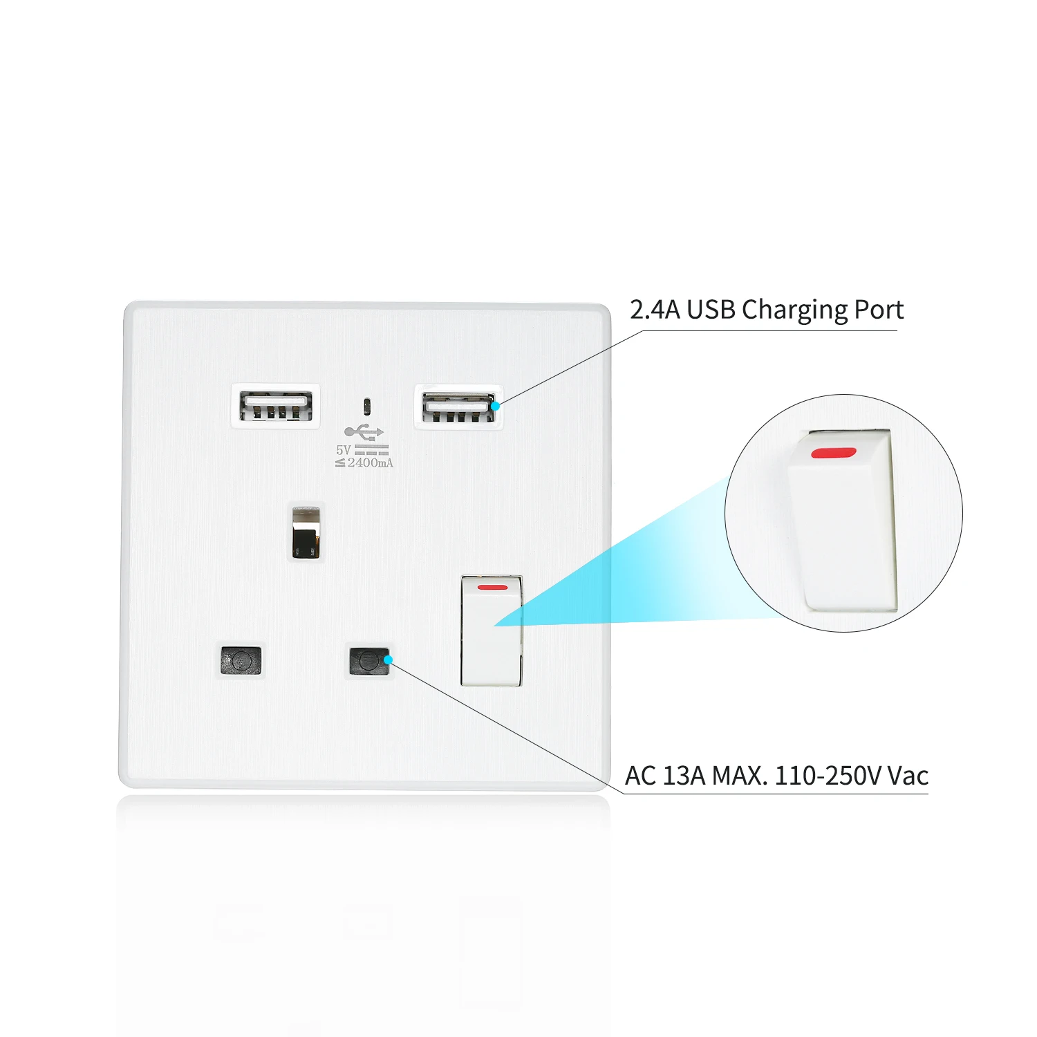 Мини 86*86 мм AC110-250V 13A настенная розетка USB Панель бытовой офис настенный выключатель одна розетка 2.4A USB 5 в порт зарядного устройства