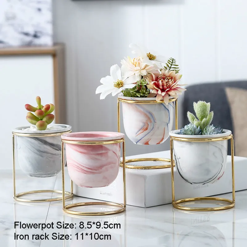 

1 Set Nordic Style Art Vase Marble Pattern Ceramics Golden Iron Tabletop Plant Pot Home Living Room Decoration