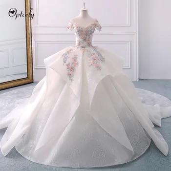 

Optcely Hot Sale Candy Color Appliques Beaded Boat Neck Backless Ball Gown Wedding Dresses 2019 Court Train Gowns Robe De Soiree