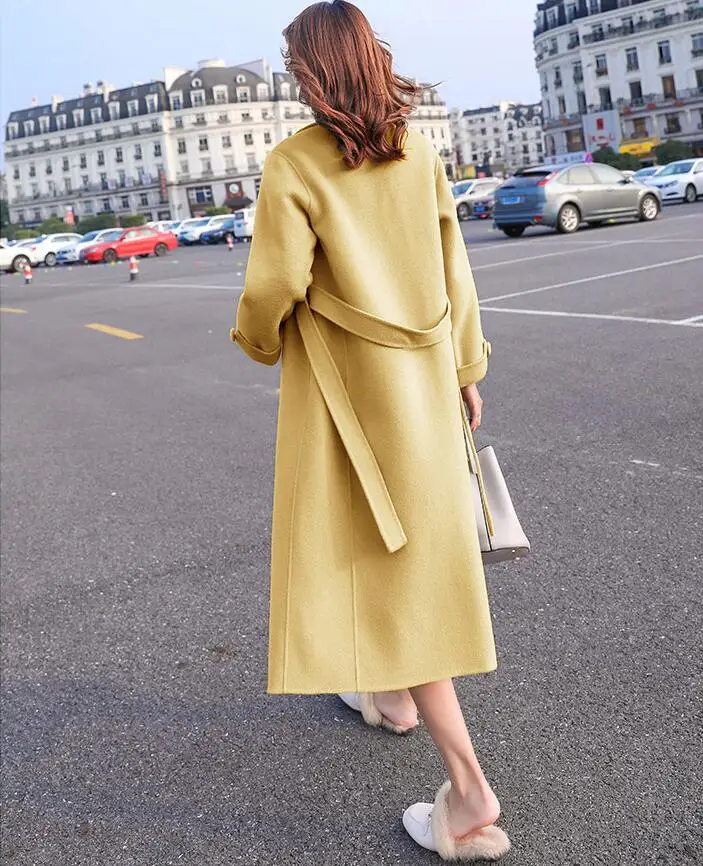 Высококачественное женское элегантное шерстяное пальто весна осень Пальто Повседневное выше колена шерстяная ветровка желтое шерстяное пальто для улицы черное