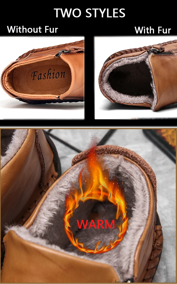 JUNJARM мужские зимние уличные ботинки ручной работы мужские кожаные плюшевые ботильоны мужские повседневные ботинки на молнии с теплым мехом большой размер 48