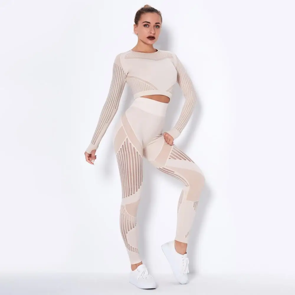 

seamless Mesh Yoga Set Women Workout hollow out long sleeve top sportswear GYM yoga clothing suit outfit Fitness suits