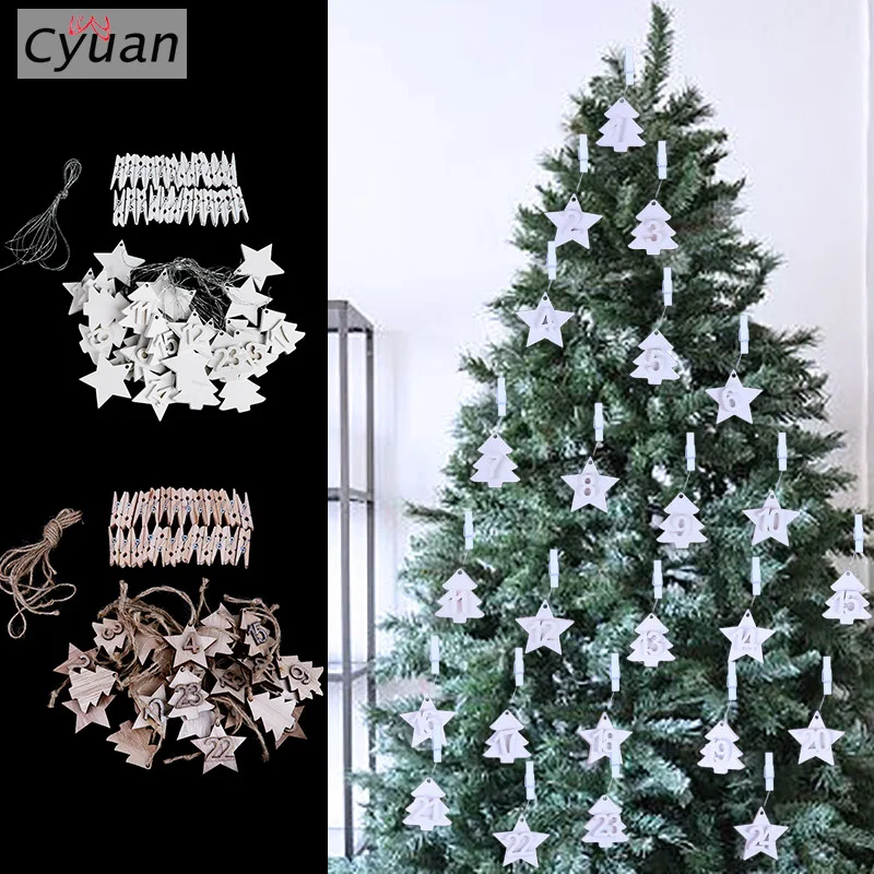 

24pcs Christmas Wooden Calendar Pendant Xmas Tree Hanging Ornaments DIY Star Tree Advent Calendar Navidad 2019 Natal New Year