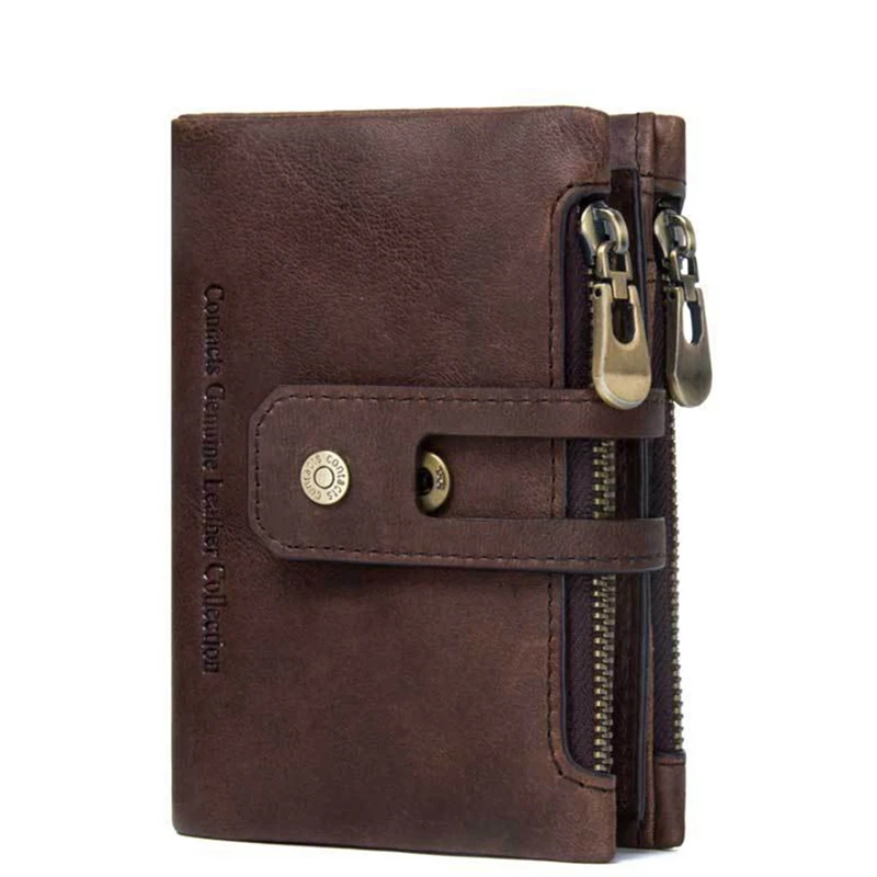 1 PC Vintage Men Genuine Leather Wallet Double Zipper First Layer Leather Wallet Coin Pocket Wallet Male Purse Wallet Dropship