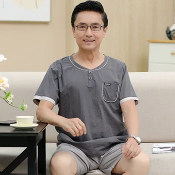 

Summer Short-Sleeved Tatting Cotton Pajamas Middle Aged And Elderly People Men Father WearPlus-Sized Crew Neck Set