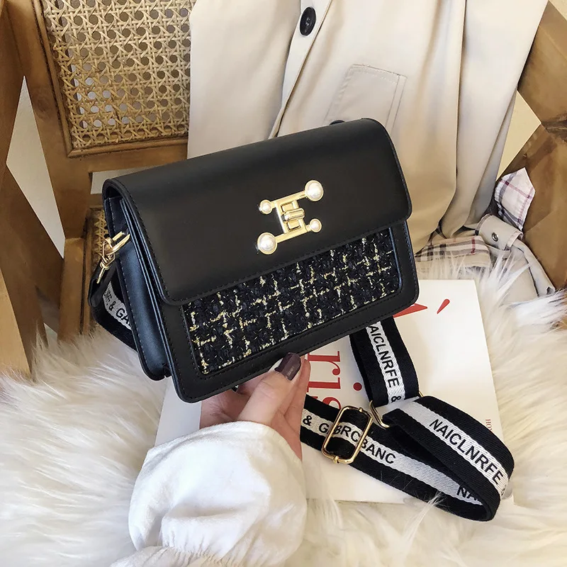 

INS Western Style Bag Women's 2019 Autumn And Winter Korean-style Versitile Fashion Pearl Square Sling Bag Broadband Crossbody B