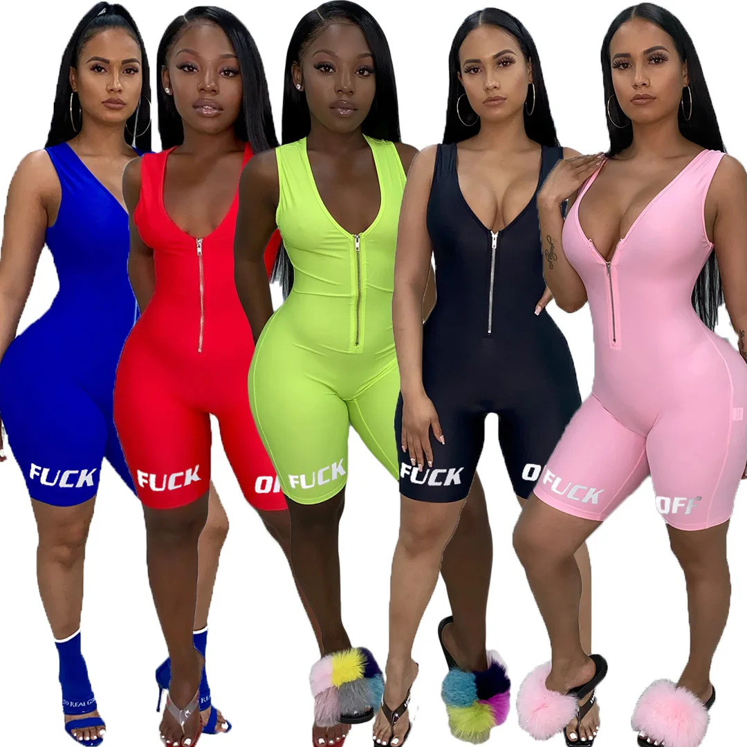 

2020 Summer New Jumpsuit Sexy Solid Color with Letters Printed Short Offset Sports Jumpsuit