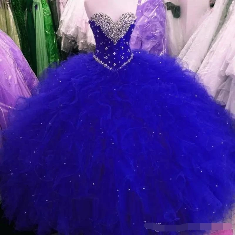 

2019 Royal Blue Sweet 16 Party Debutantes ball Gown Puffy Tulle Crystals Sweetheart Corset Back Plus Size Quinceanera dresses