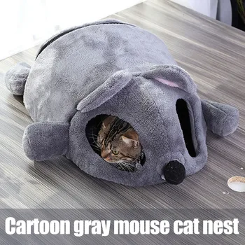 

Newly Cartoon Gray Mouse Cats Bed Winter Thickening Warm Windproof Pet Nest Cats House Winter Supplies