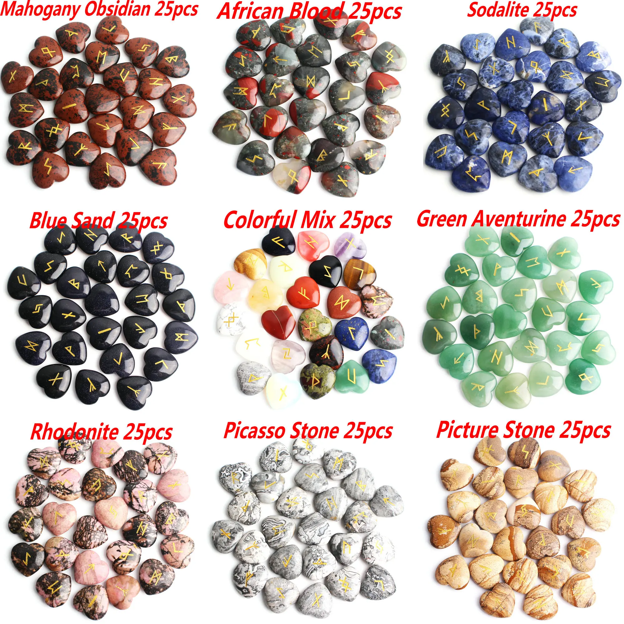 25 шт. натуральный кристалл чакра Руна кулон в форме сердца тонущий камень