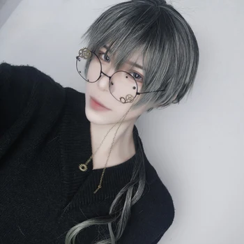 

BUQI Wigs with Bangs/14"Curly Ponytail Grey Straight Short Synthetic Heat Resistant Hair Man Cosplay Anime Party Women's wig