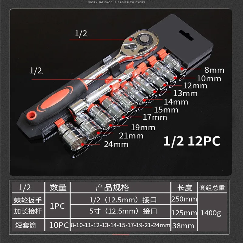 12 комплектов инструментов для ремонта авто трещотка быстро торцевой ключ Автомобильное оборудование коробка комбинация