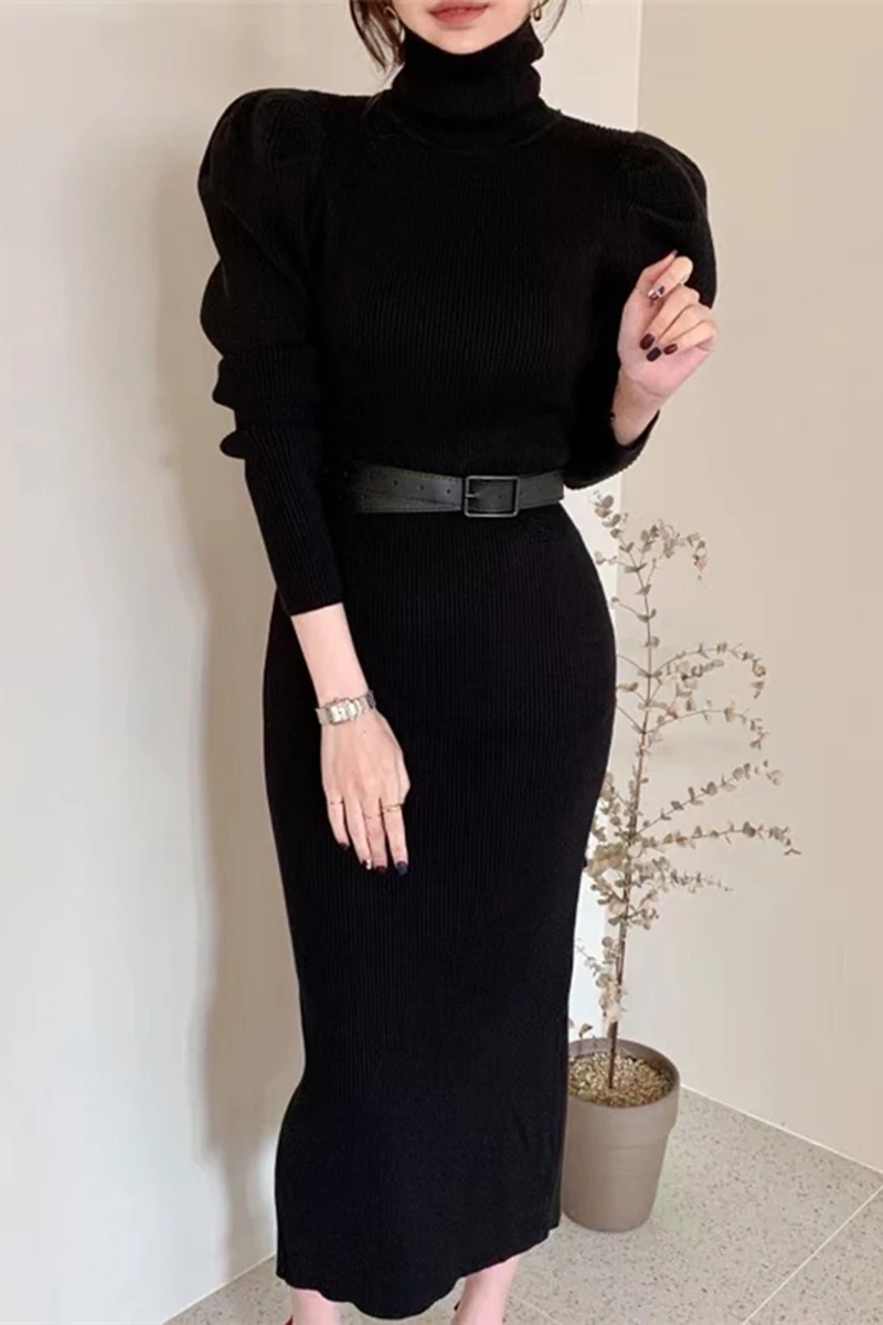 dresses women 2020 autumn winter korean clothes elegant turtleneck long sleeve black bodycon long dress sweater dress vestidos
