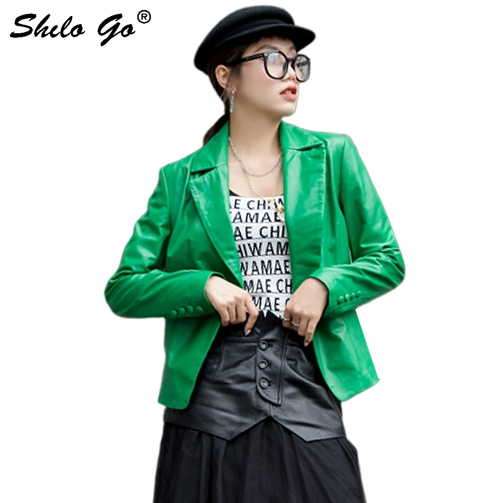 Genuine Leather Coat Green Office Lady Notched Neck Button Front Leather Blazer Women Autumn Workwear Minimalist Slim Outwear