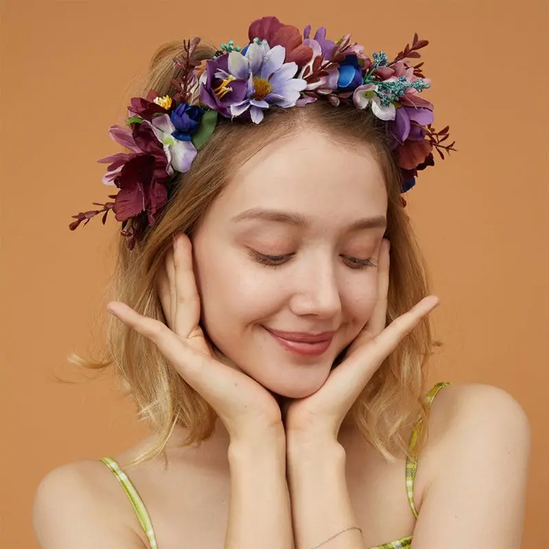 Женский фиолетовый цветок, свадебная корона, искусственные листья, ягоды, зелень, венок, повязка на голову, декоративный головной убор