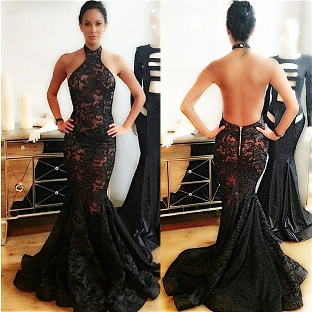 Long Evening Halter Sleeveless Floor Length Lace Mermaid Prom Gown
