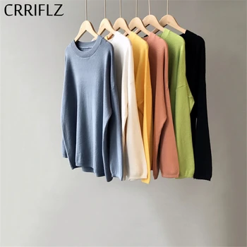 

CRRIFLZ 2020 New Casual Knitted Pullover Sweater Women Long Sleeve O Neck Solid Sweater Top