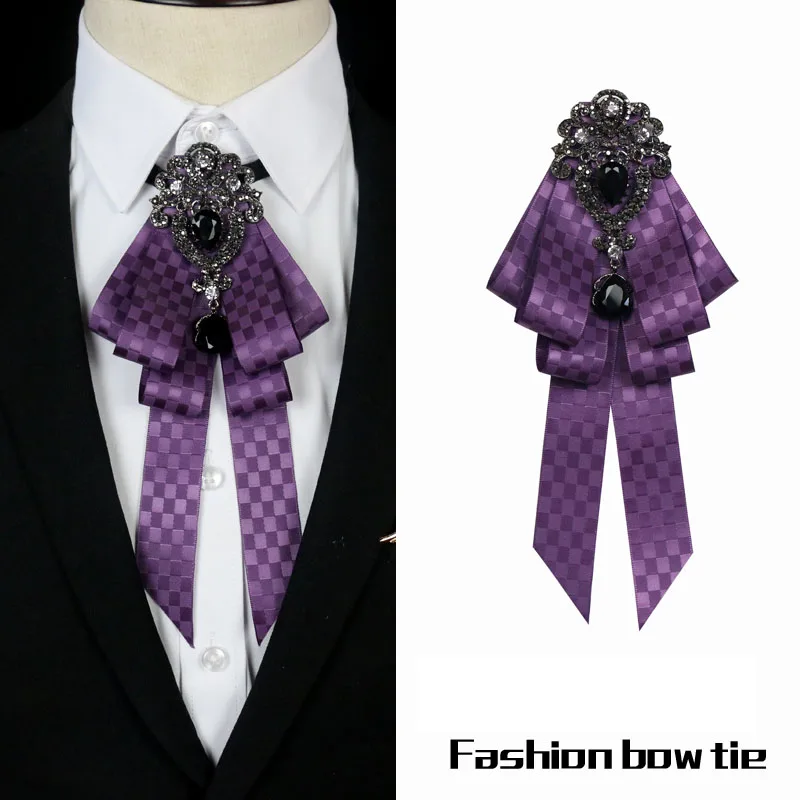 Ретро тканевый галстук-бабочка со стразами в британском стиле, роскошные галстуки, свадебные аксессуары для мужчин и женщин - Цвет: Purple lattice