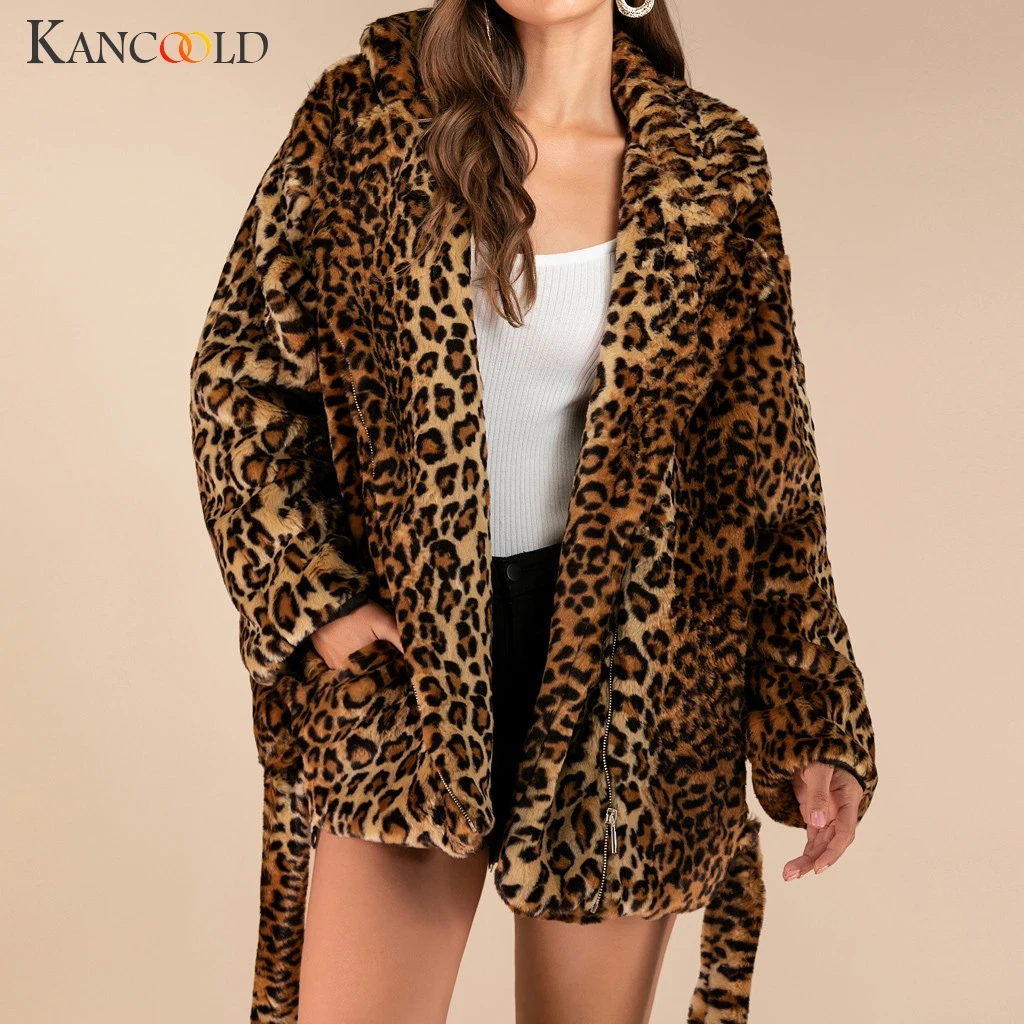 KANCOOLD пальто, модная леопардовая верхняя одежда из искусственного меха, кардиган, свободный, с капюшоном, с карманами, с поясом, на молнии, новые пальто и куртки для женщин 2019AUG21