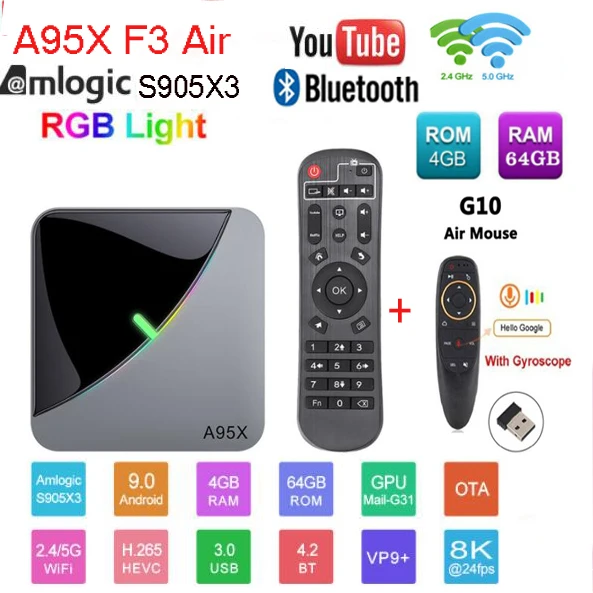 Android 9,0 RGB светильник Smart tv Box Amlogic S905X3 USB3.0 1080P H.265 4K 60fps Wifi Google Play Netflix Youtube A95X F3 Air 8K - Цвет: 4G 64G G10