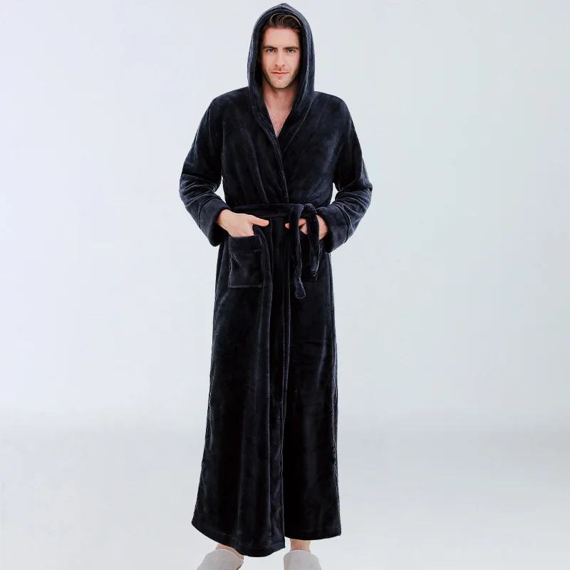 Men's Flannel Nightgown Hooded Long Thicken Bathrobe Warm Coral Fleece Home Set for Autumn and Winter Sleepwear