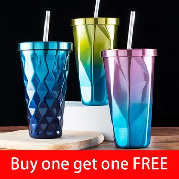 

Fashion Gradient Color Irregular Insulation Cup Large Capacity with Cover Diamond Stainless Steel Car Cup with Free Straw