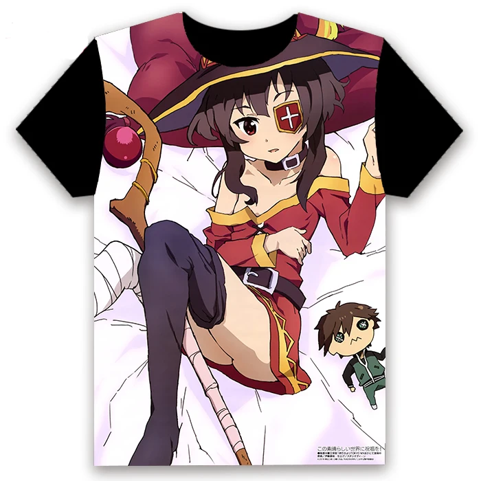 Модная мужская футболка аниме KonoSuba Megumin Aqua Darkness Satou Kazuma, косплей, короткий рукав, унисекс, повседневная черная футболка, топы