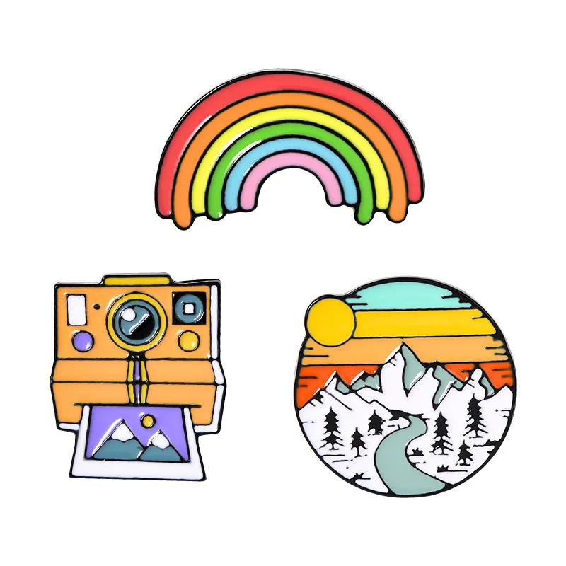Rainbow sunset Mountains retro polaroid camera film tape creative brooch cartoon pin pendant fixed clothes bag accessories badge