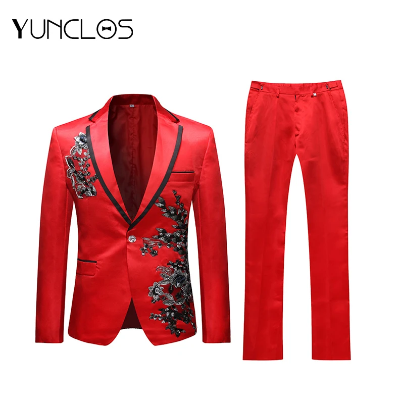 

YUNCLOS 2019 Black Applique Red Men's Suit Wedding Party Slim Men Suits 2 Pieces Casual Single-breasted Men Suit(Jacket+Pant)