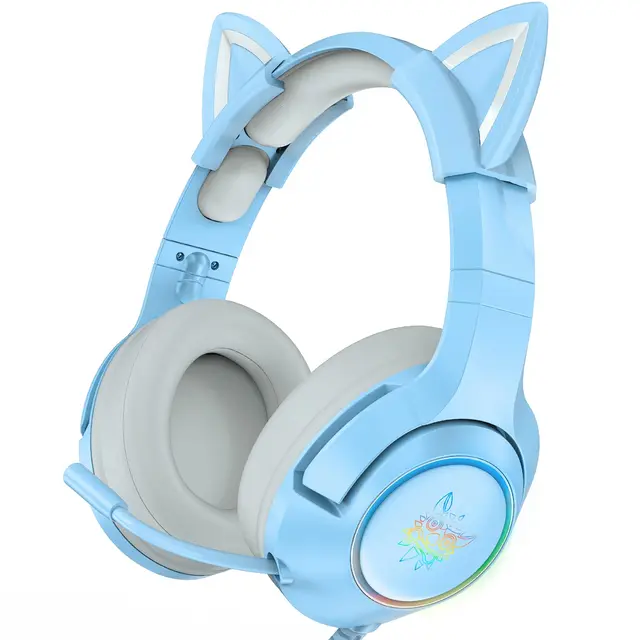 （Original Box）Onikuma K9 Pink Cute Cat Ear Headphone with Mic Gaming Headset and Noise Cancelling with Led Light Blue-3.5mm Jack