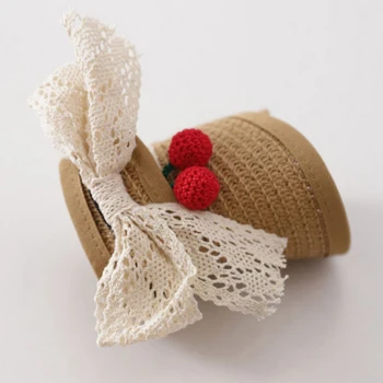 

Brand Baby Girl Sun Hats Handmade Straw Visor Caps Cherry Child Hat Empty Top Beach Hat 2020