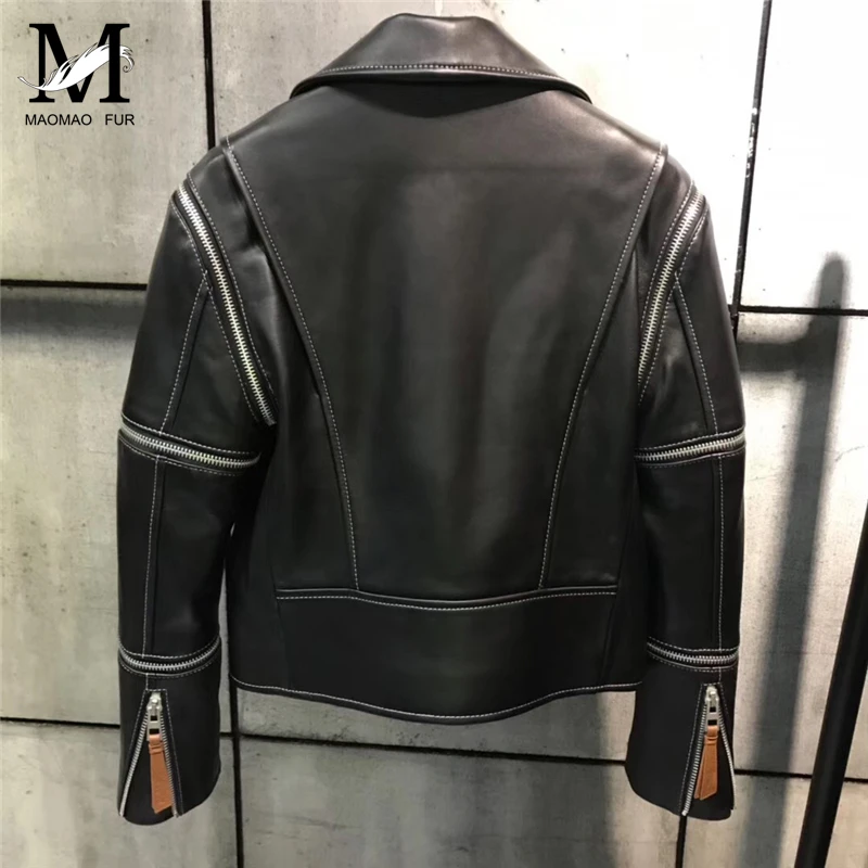 Новые модные женские Мотоциклетные Куртки из натуральной кожи женские с длинным рукавом осенние байкерские уличные черные молнии овчины пальто