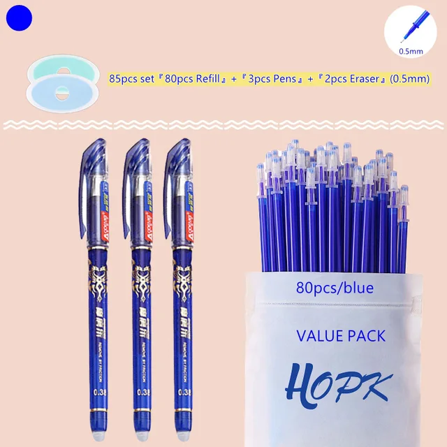 85Pcs/Set Blue Black Ink Gel Pen 0.5mm Erasable Refill Rod Erasable Pen Washable Handle School Writing Kawaii Stationery Gel Pen 0.5mm Blue set B