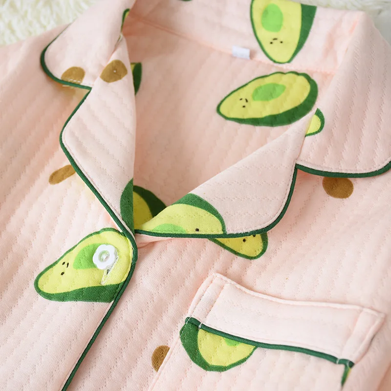 Утолщенная свежая зеленая одежда для сна с авокадо, женские пижамные комплекты, зимняя теплая хлопковая длинная ночная рубашка с длинным рукавом, женская пижама