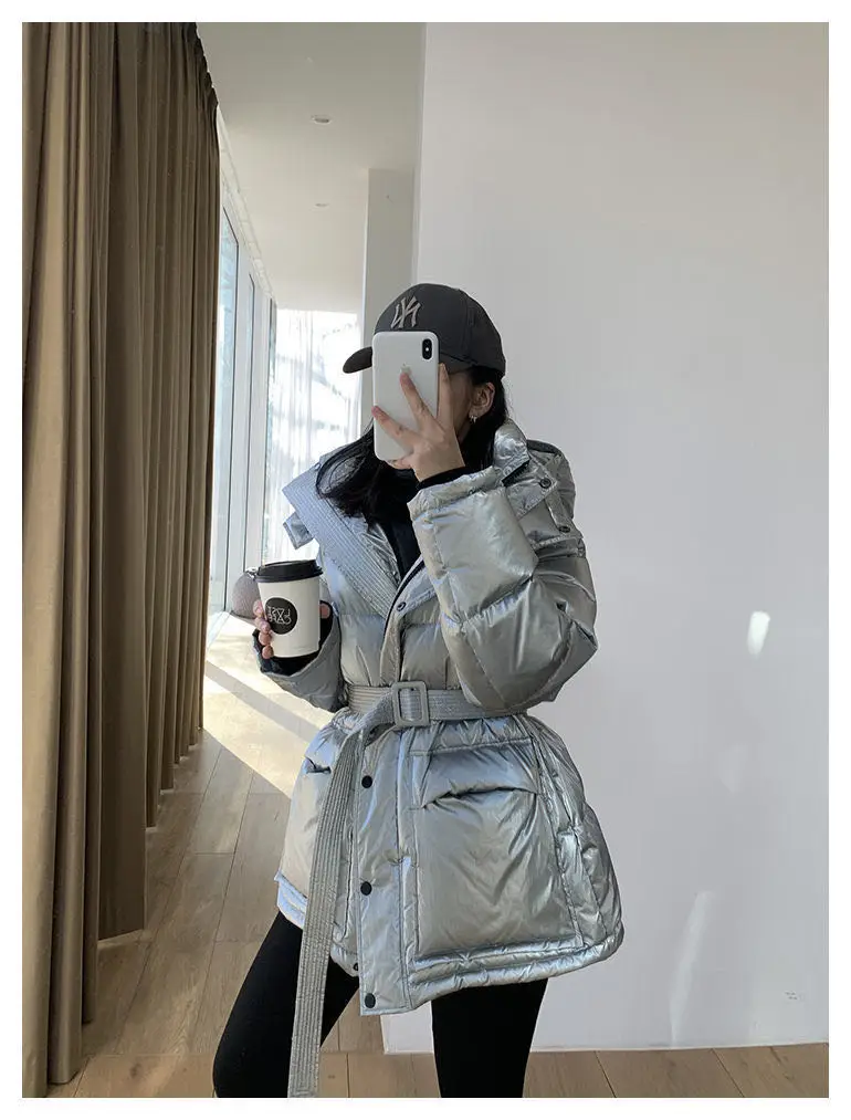 Casual Loose Glossy Hooded Down Jacket Women Fashion Solid Winter Thick Warm White Duck Down Coats Female Elegant Belt Parkas black parka