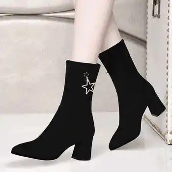 

Net red thin boots short boots women 2019 new autumn and winter with thick with frosted elastic high heel boots